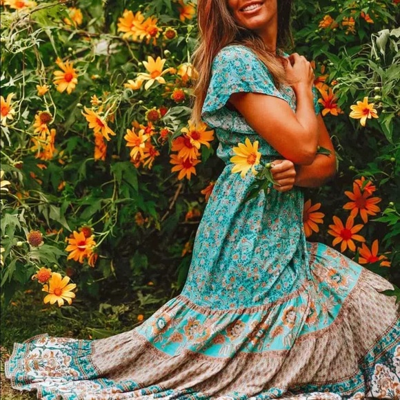 Dresses & Skirts - Boho Floral Gypsy Stripe Print Maxi Dress teal